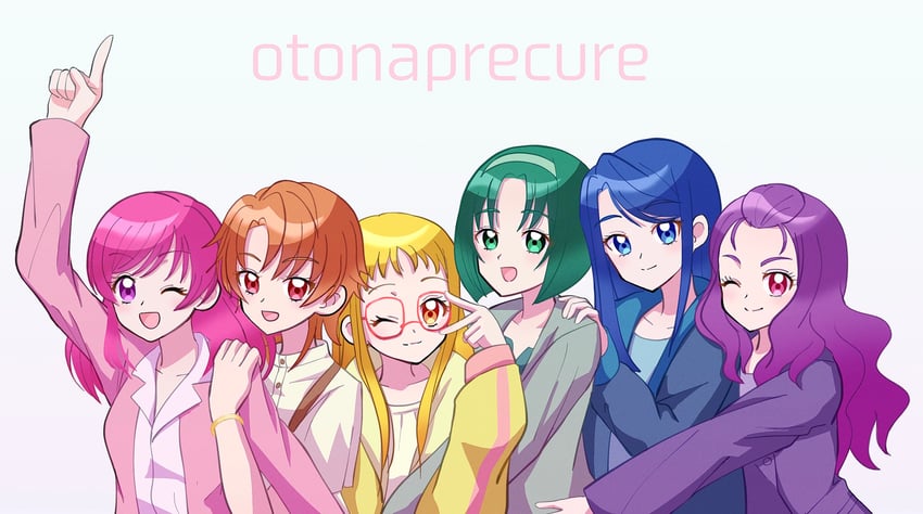 yumehara nozomi, minazuki karen, kasugano urara, akimoto komachi, natsuki rin, and 1 more (precure and 1 more) drawn by amagan_ruruboshi