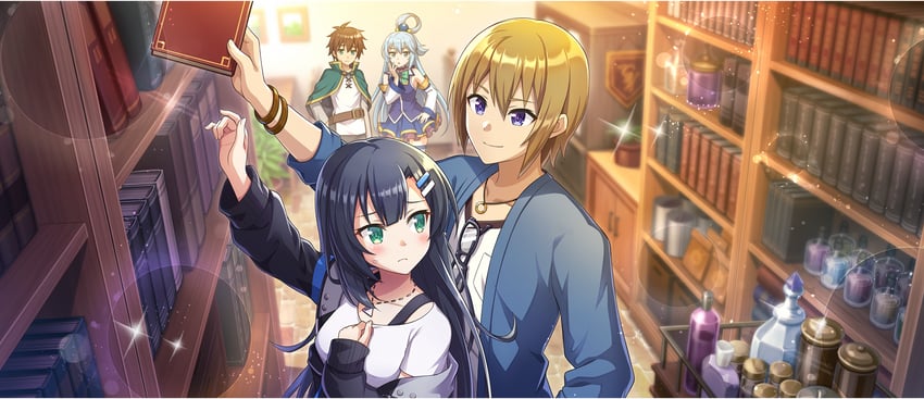 aqua, satou kazuma, lia, and mitsurugi kyouya (kono subarashii sekai ni shukufuku wo! and 1 more)