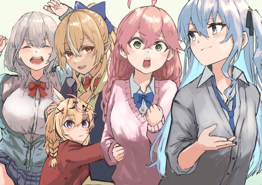 hoshimachi suisei, sakura miko, shirogane noel, shiranui flare, and omaru polka (hololive and 1 more) drawn by yagi0illust
