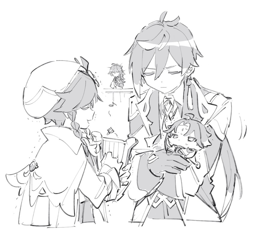 zhongli, venti, xiao, and diluc (genshin impact) drawn by seto_(setosan)