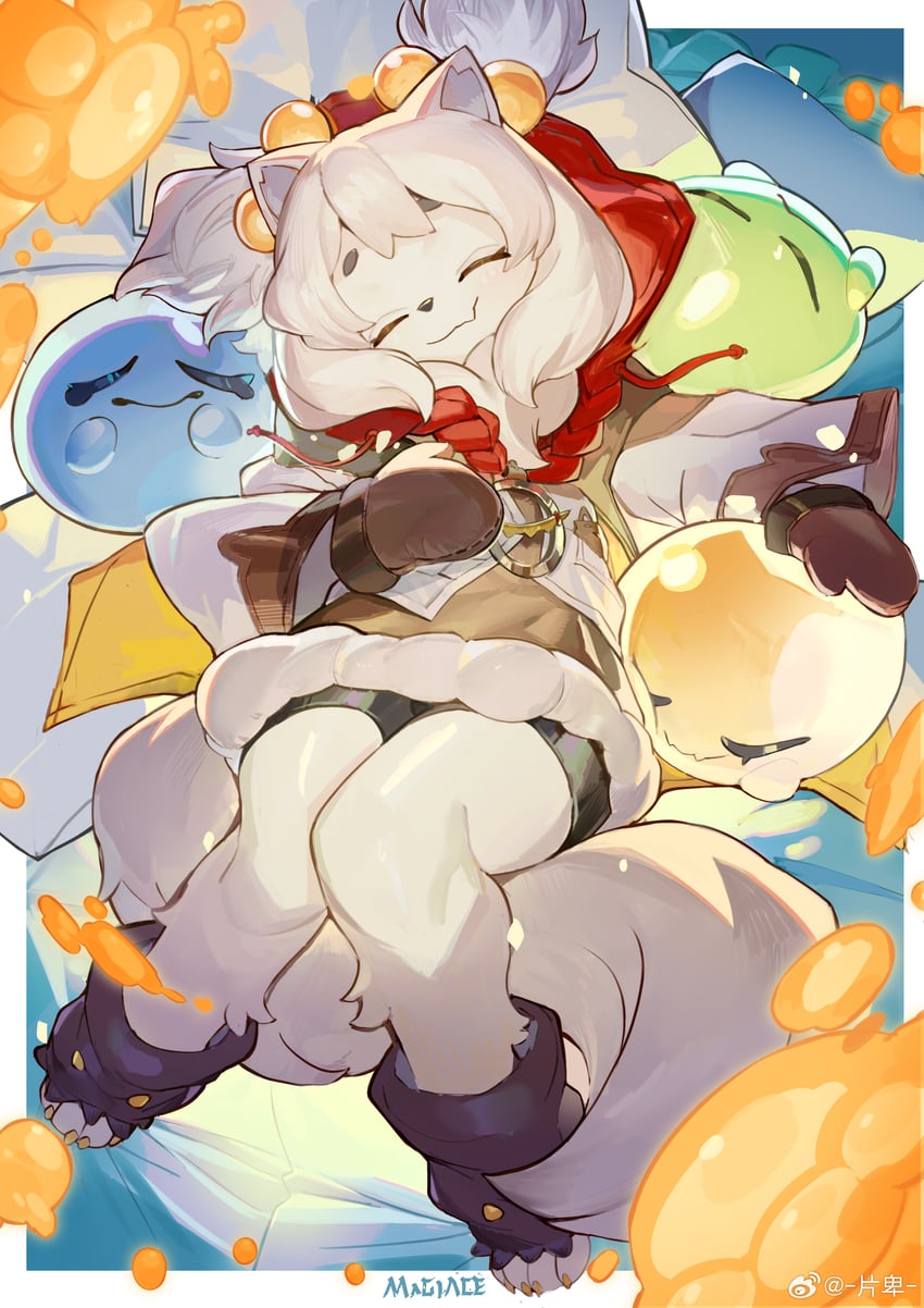 fini, yellow blobble, blue blobble, and green blobble (world flipper) drawn by magiace