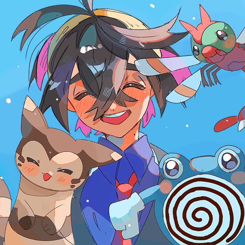 kieran, furret, poliwhirl, and yanma (pokemon and 1 more) drawn by hami_(3hm6gebdf619771)