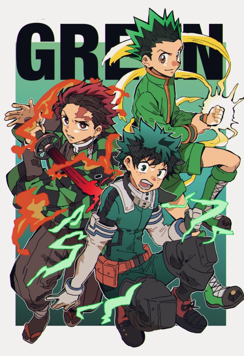midoriya izuku, kamado tanjirou, and gon freecss (boku no hero academia and 3 more) drawn by oishi_gohan11_2