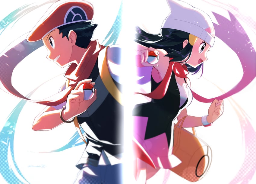 dawn and lucas (pokemon and 1 more) drawn by sawarabi_(sawarabi725)