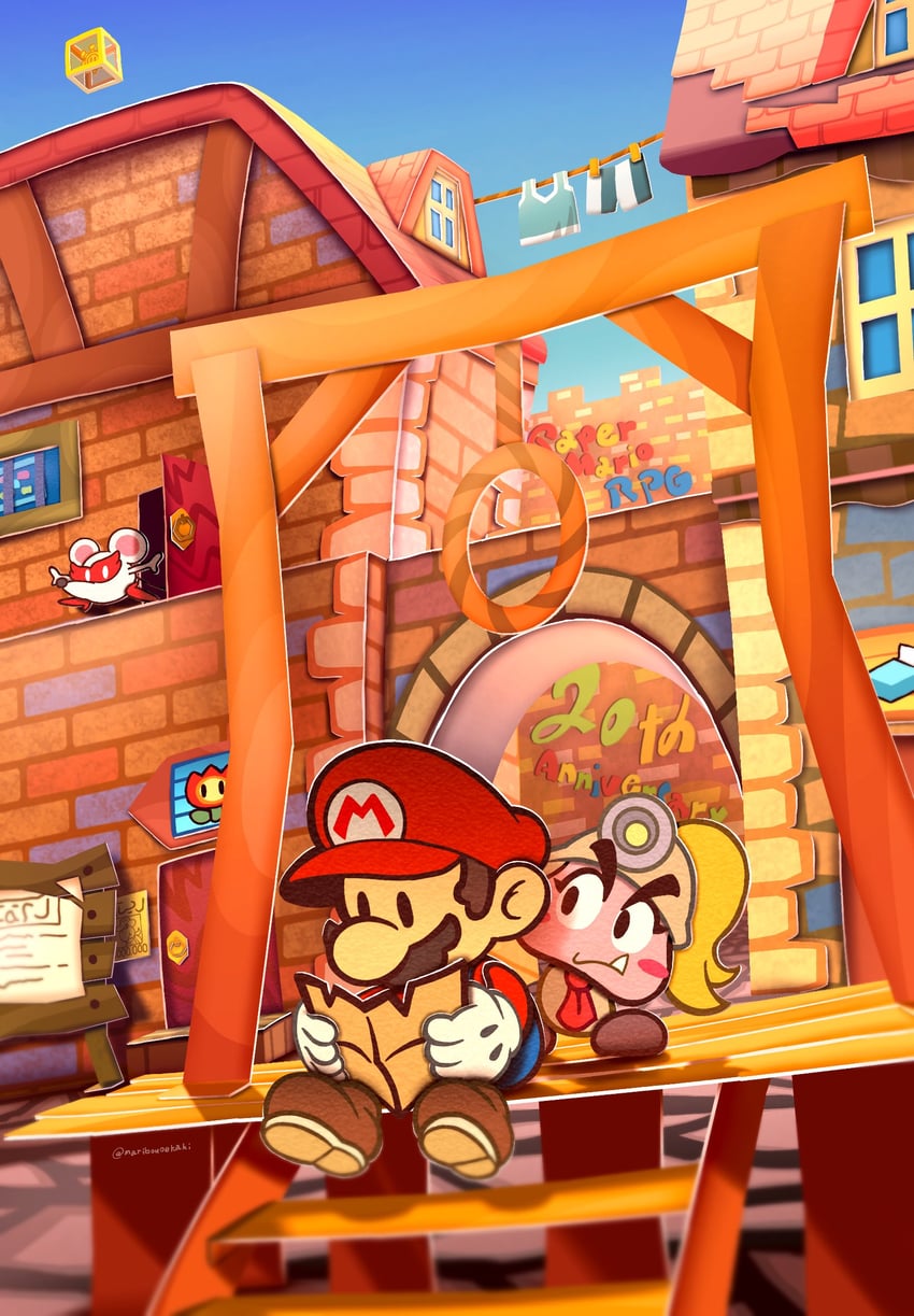 mario, paper mario, goombella, and ms. mowz (mario and 2 more) drawn by maribou_(supermaribou)