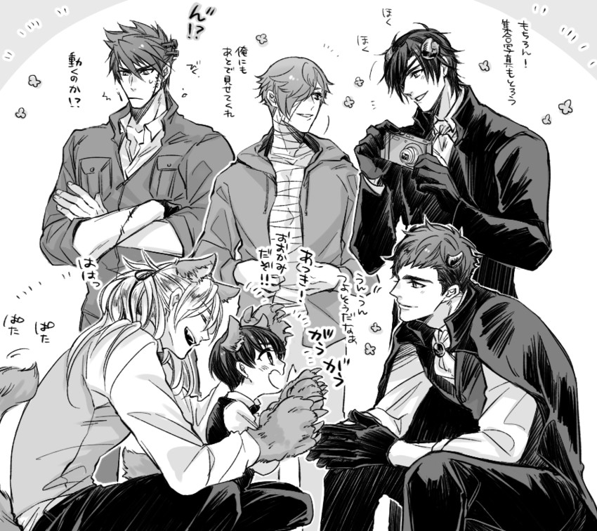 shokudaikiri mitsutada, frankenstein's monster, uguisumaru, ookanehira, azuki nagamitsu, and 2 more (touken ranbu) drawn by sonoda_(daw_sow0)