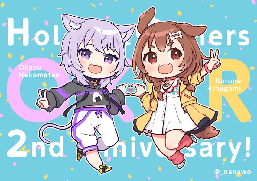 nekomata okayu and inugami korone (hololive) drawn by nanawo_(7nanawo)