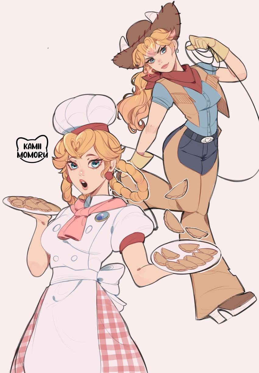 princess peach, patissiere peach, and cowgirl peach (mario and 1 more) drawn by kamii_momoru