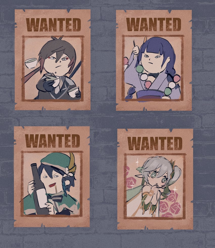raiden shogun, nahida, zhongli, and venti (genshin impact and 3 more) drawn by shuzai233