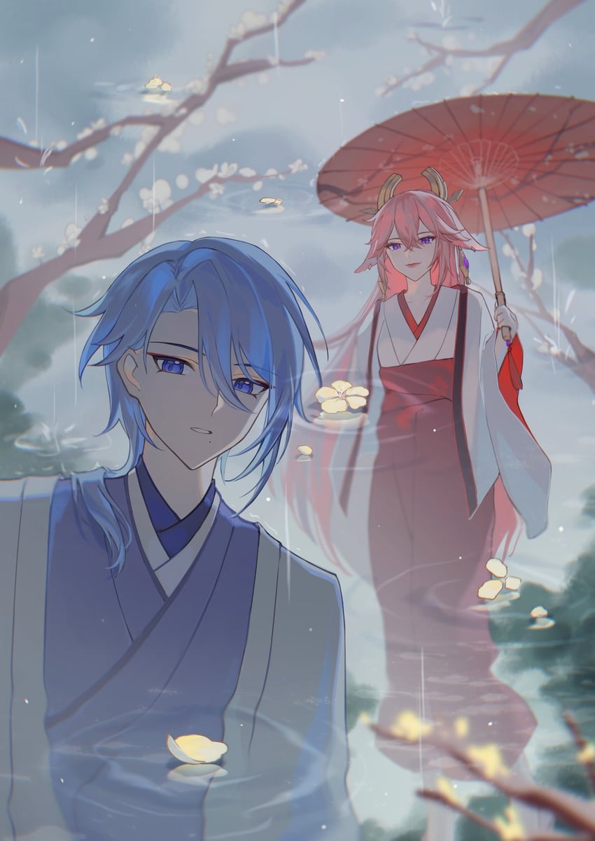 yae miko and kamisato ayato (genshin impact) drawn by hanaki_yuu