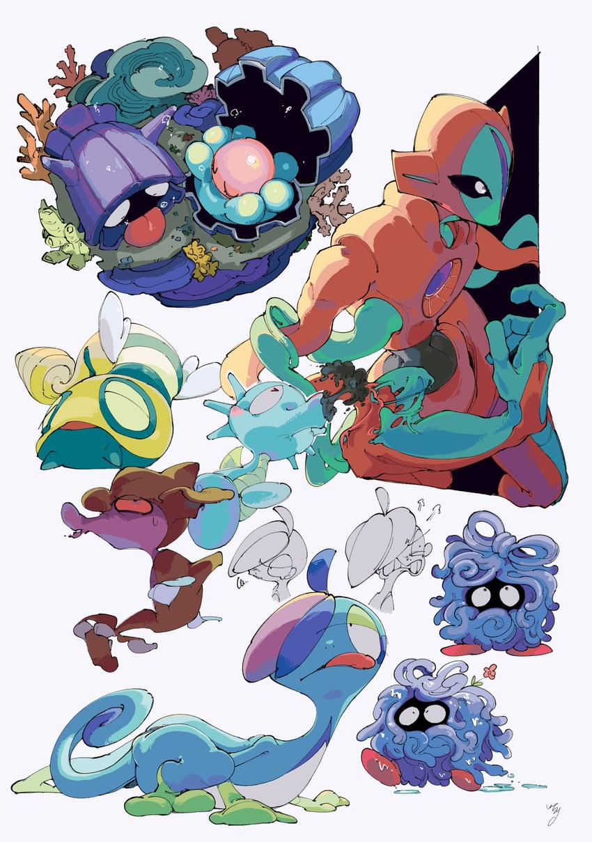 deoxys, horsea, shellder, tangela, drizzile, and 3 more (pokemon) drawn by 0_ici_0