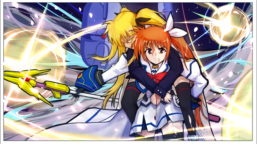 fate testarossa, takamachi nanoha, raising heart, and gadget drone (lyrical nanoha and 1 more) drawn by shishunki_no_nanoha