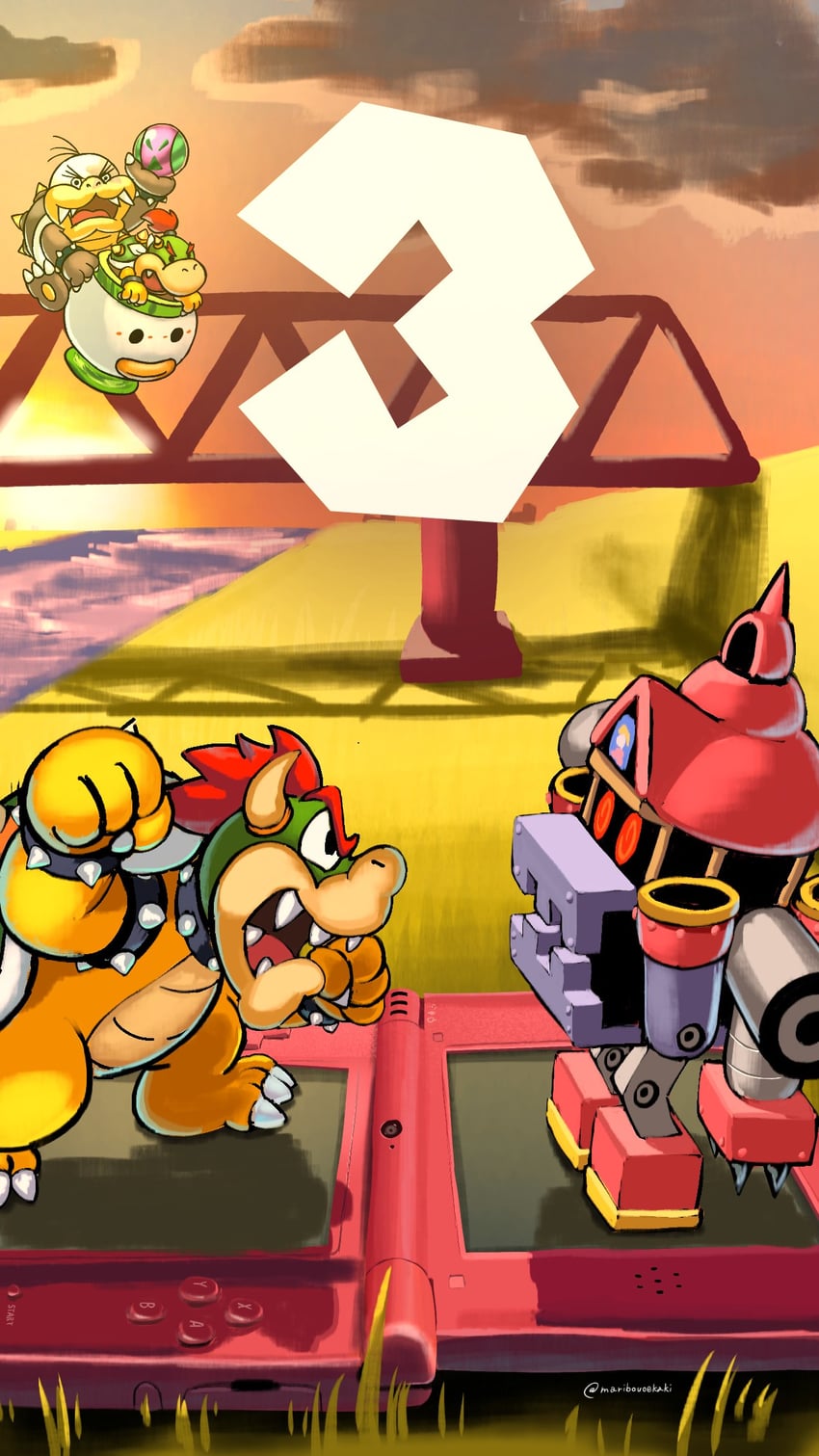 bowser, bowser jr., junior clown car, morton koopa jr., and super peach's castle of fury (mario and 2 more) drawn by maribou_(supermaribou)