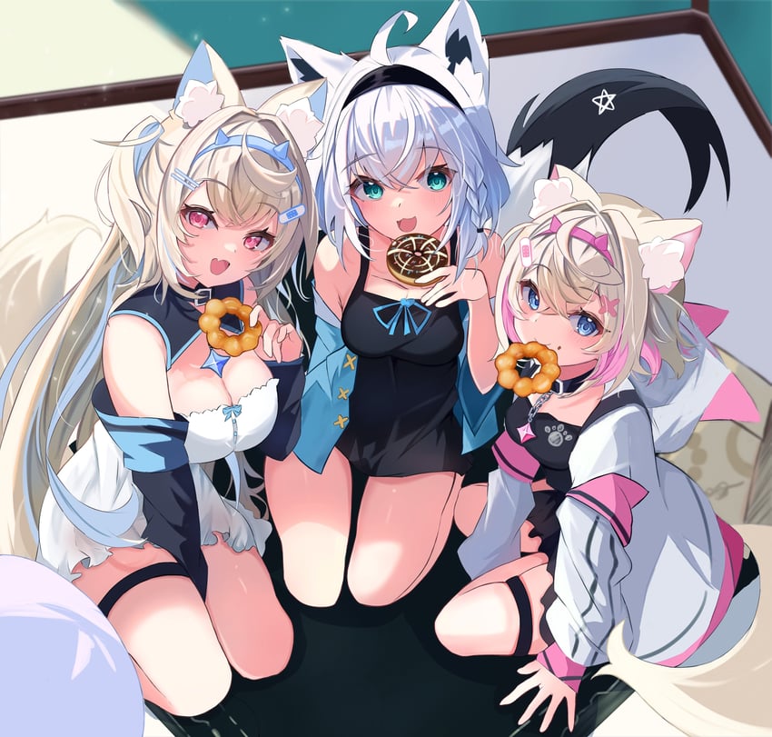 shirakami fubuki, fuwawa abyssgard, and mococo abyssgard (hololive and 1 more) drawn by soma443