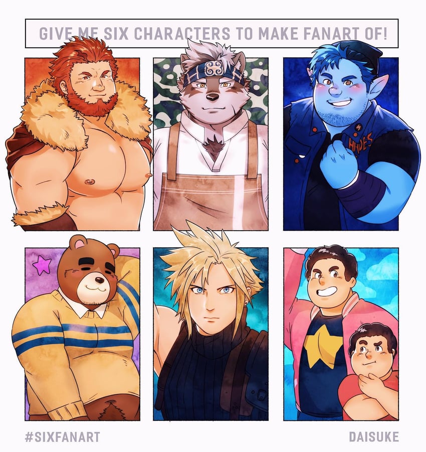 cloud strife, iskandar, horkeu kamui, steven quartz universe, teddy, and 1 more (original and 8 more) drawn by daisukebear