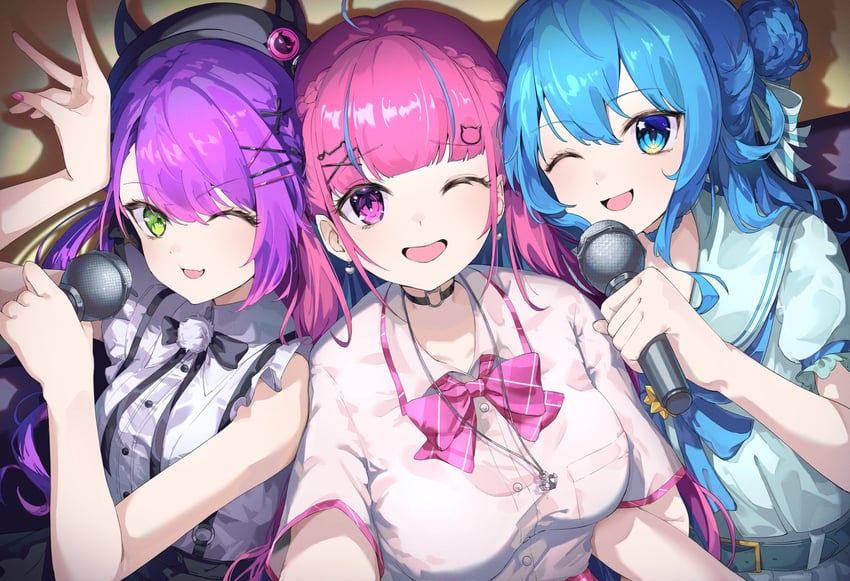 hoshimachi suisei, minato aqua, and tokoyami towa (hololive) drawn by sorainu1211eaka
