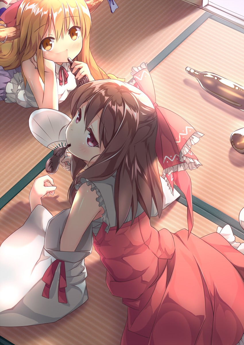 hakurei reimu and ibuki suika (touhou) drawn by usume_shirou