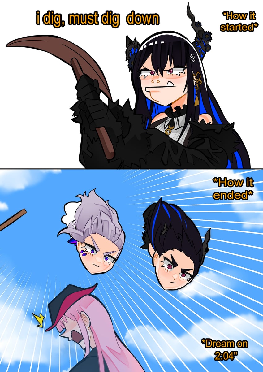 mori calliope, nerissa ravencroft, and koseki bijou (hololive and 5 more) drawn by koizumi_arata