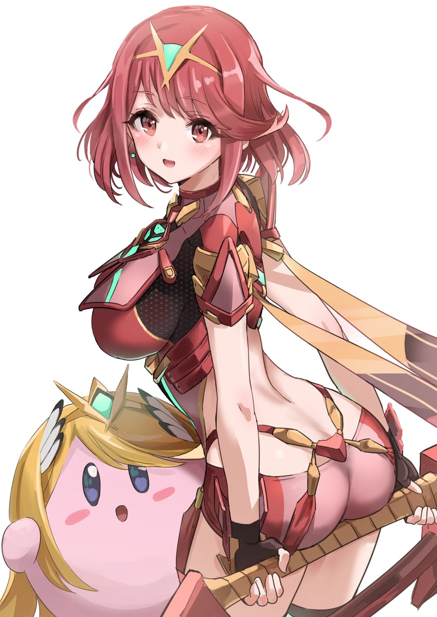 pyra, kirby, and mythra (xenoblade chronicles and 3 more) drawn by pizzasi