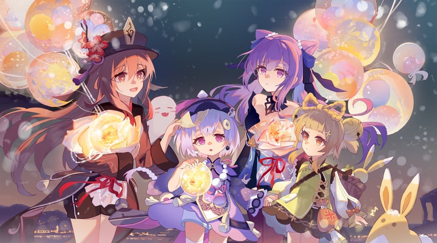 hu tao, keqing, boo tao, qiqi, yaoyao, and 1 more (genshin impact) drawn by samele_otaku