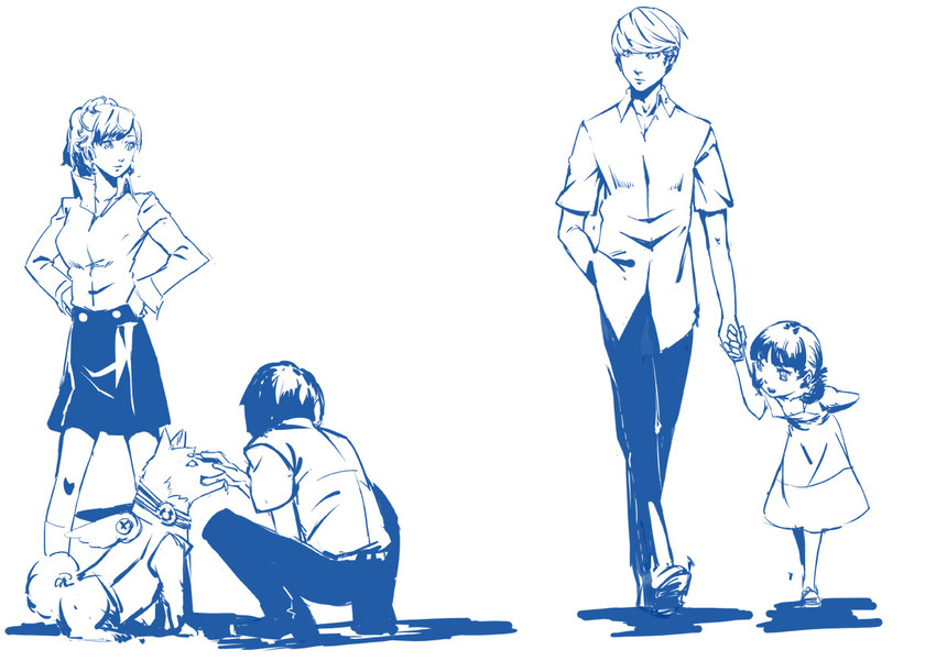 narukami yu, yuuki makoto, shiomi kotone, doujima nanako, and koromaru (persona and 3 more) drawn by club3