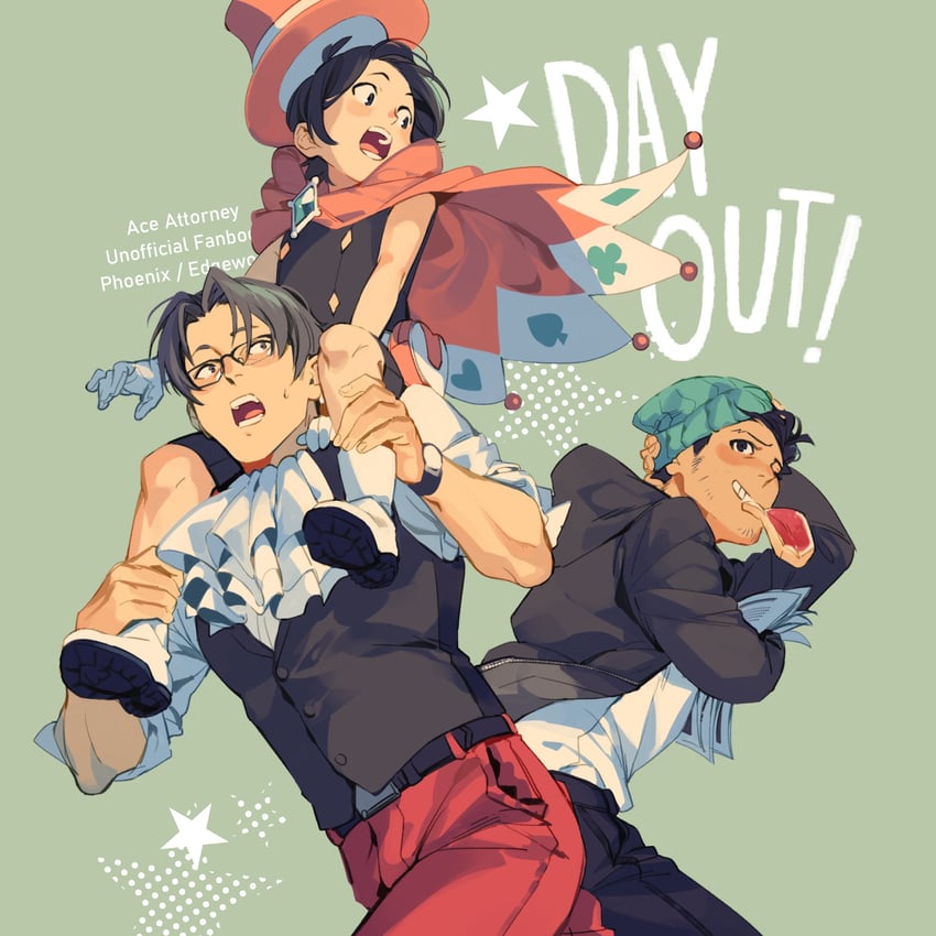 phoenix wright, miles edgeworth, and trucy wright (ace attorney and 1 more) drawn by worvies