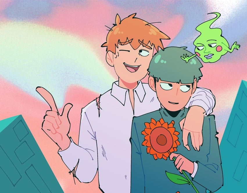 kageyama shigeo, reigen arataka, and ekubo (mob psycho 100) drawn by yescilantro