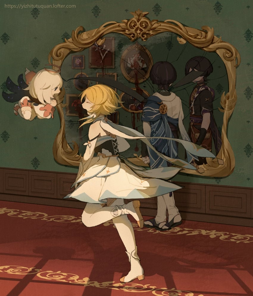 lumine, scaramouche, wanderer, and paimon (genshin impact) drawn by huamouflora
