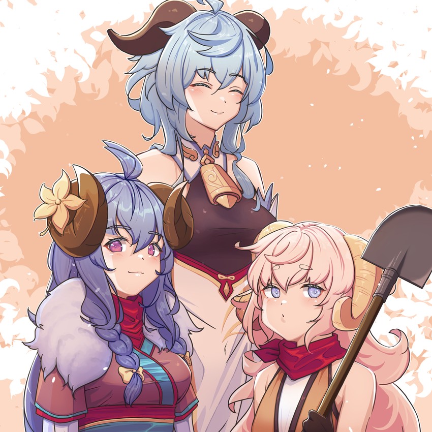 ganyu, kindred, lamb, spirit blossom kindred, and lourie (genshin impact and 2 more) drawn by engineer_kim