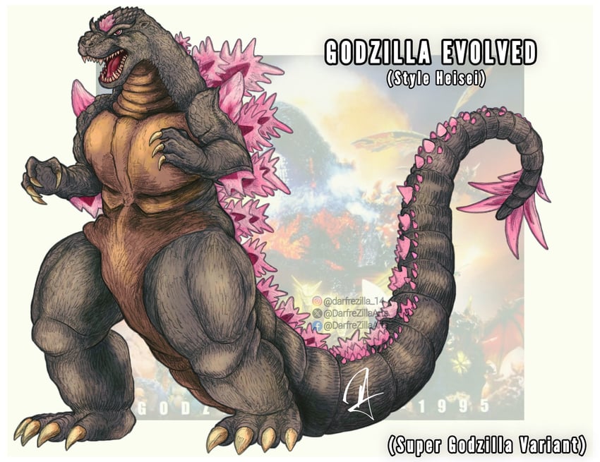 godzilla, godzilla evolved, and super godzilla (godzilla and 4 more) drawn by darfrezillaarts