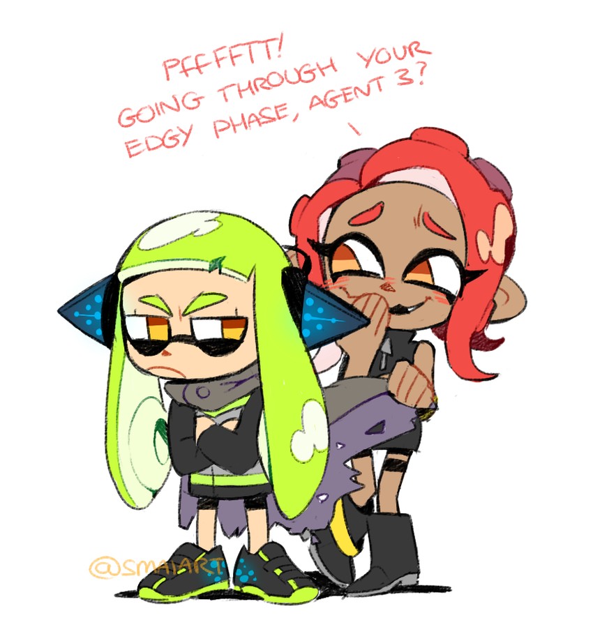 inkling player character, inkling girl, octoling player character, octoling girl, agent 8, and 1 more (splatoon and 2 more) drawn by sami_briggs