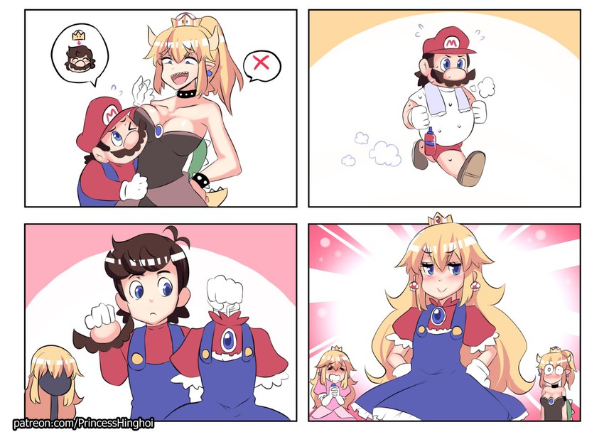 princess peach, mario, and bowsette (mario and 1 more) drawn by hinghoi