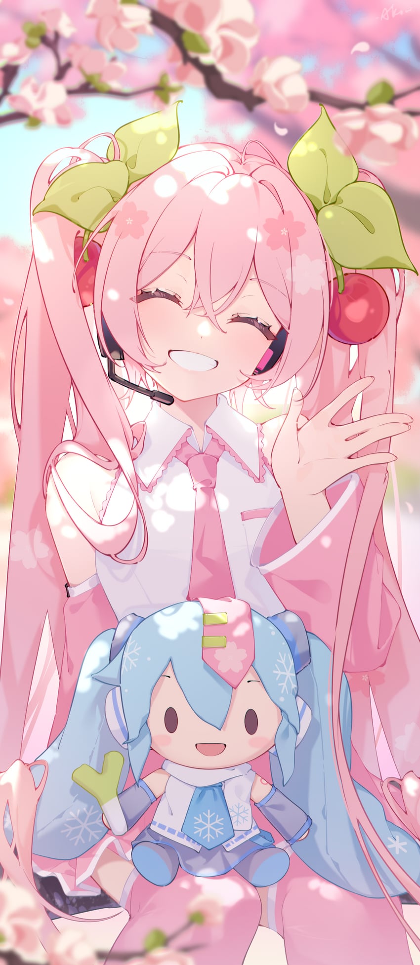 hatsune miku, yuki miku, and sakura miku (vocaloid) drawn by akovo