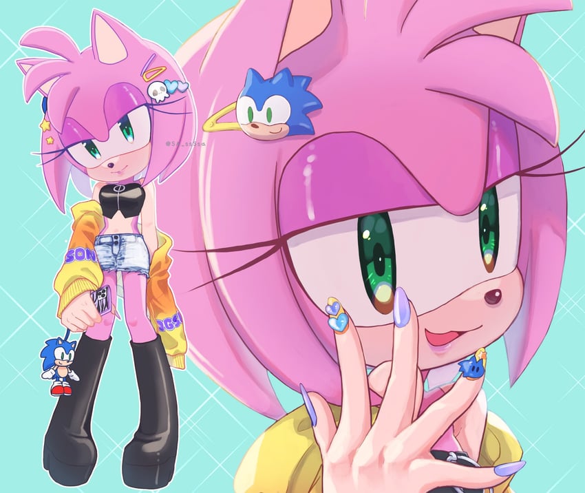 sonic the hedgehog and amy rose (sonic) drawn by konjiki_ringo