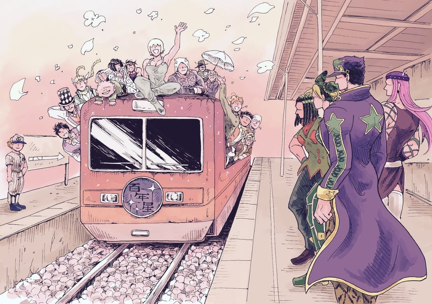 joseph joestar, kujo jotaro, caesar anthonio zeppeli, kujo jolyne, kakyoin noriaki, and 16 more (jojo no kimyou na bouken and 5 more) drawn by enomoto_(sudatsue)