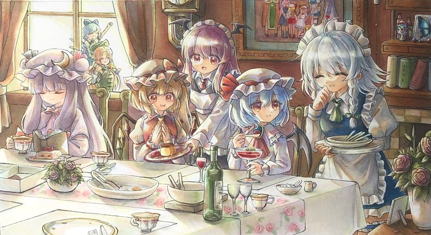 remilia scarlet, flandre scarlet, izayoi sakuya, cirno, patchouli knowledge, and 2 more (touhou and 1 more) drawn by hisako_(6anmbblfnjueeff)