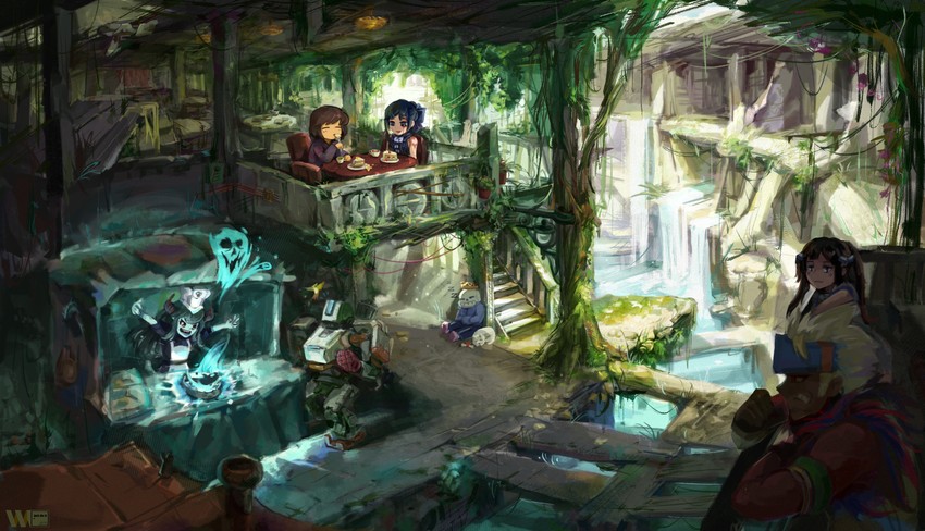 frisk, sans, sylvie, bastion, and ganymede (overwatch and 3 more) drawn by qiou8