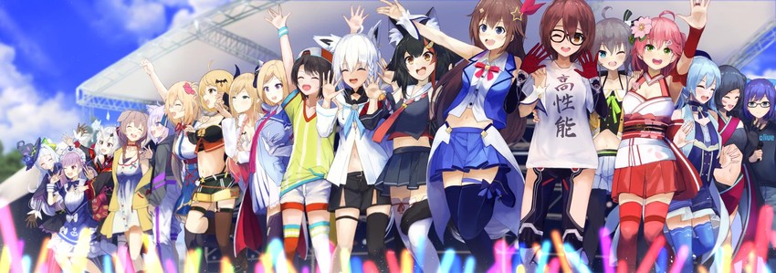 shirakami fubuki, hoshimachi suisei, nekomata okayu, minato aqua, sakura miko, and 14 more (hololive) drawn by konkito