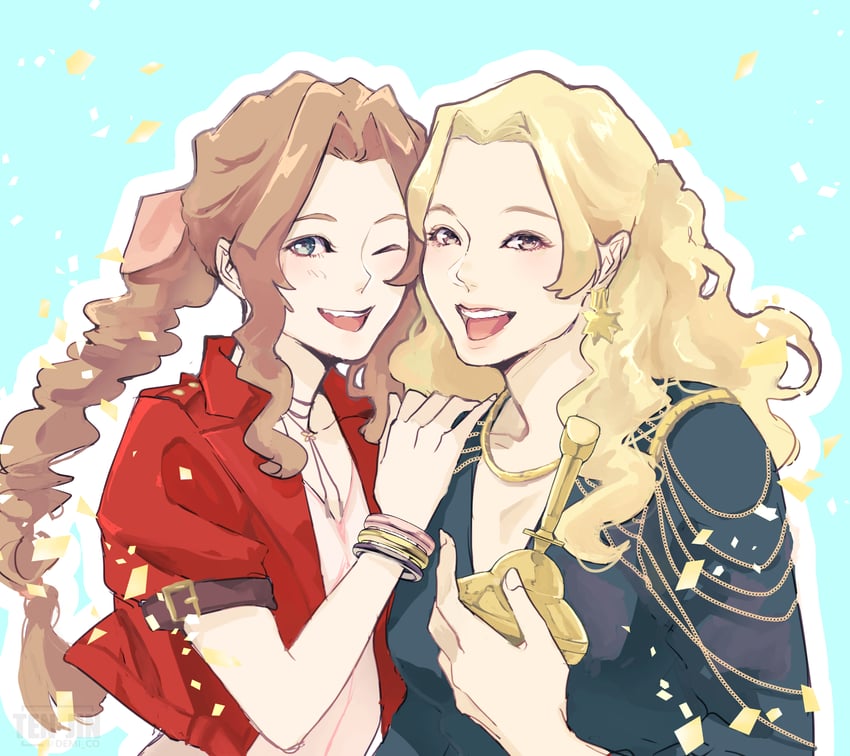 aerith gainsborough and briana white (final fantasy and 4 more) drawn by demi_co