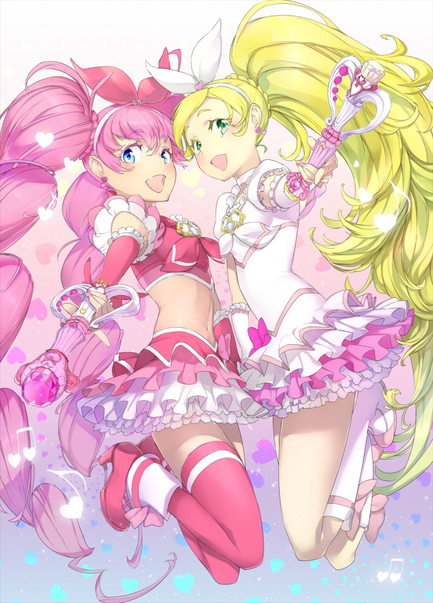 houjou hibiki, minamino kanade, cure melody, and cure rhythm (precure and 1 more) drawn by mikurou_(nayuta)