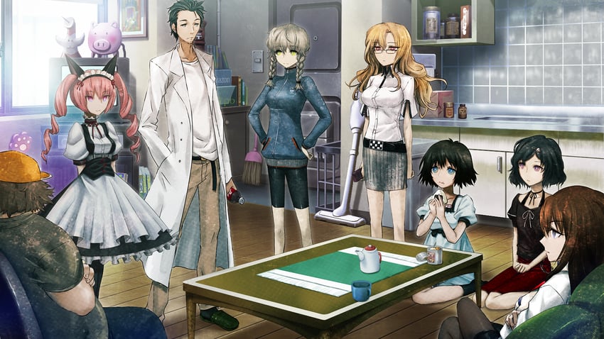 makise kurisu, okabe rintarou, shiina mayuri, amane suzuha, urushibara ruka, and 3 more (steins;gate and 1 more) drawn by huke