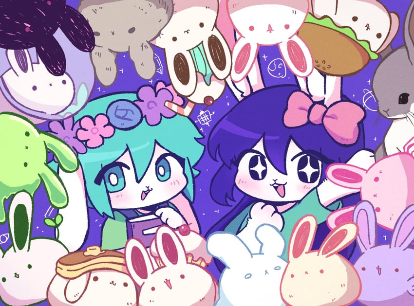 basil, aubrey, cupcake bunny, forest bunny?, pancake bunny, and 11 more (omori) drawn by mewowem_omo