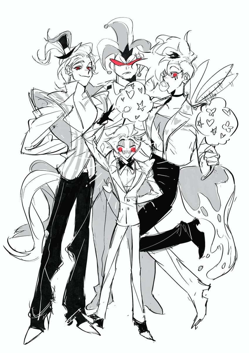 lucifer morningstar, beelzebub, asmodeus, and mammon (hazbin hotel and 1 more) drawn by canggou00952