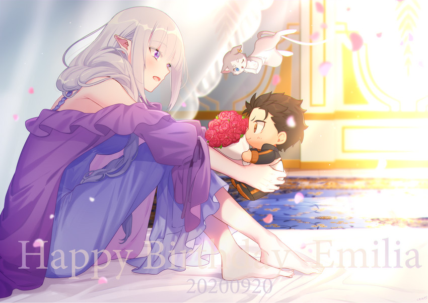emilia, natsuki subaru, and puck (re:zero kara hajimeru isekai seikatsu) drawn by kumuo_(mirakurufusao)