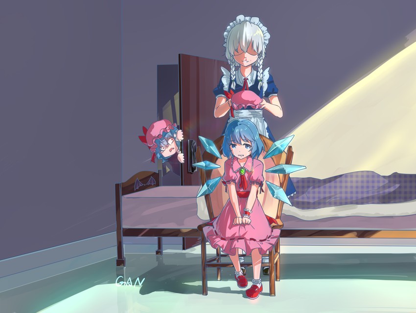 remilia scarlet, izayoi sakuya, and cirno (touhou) drawn by gaanzi