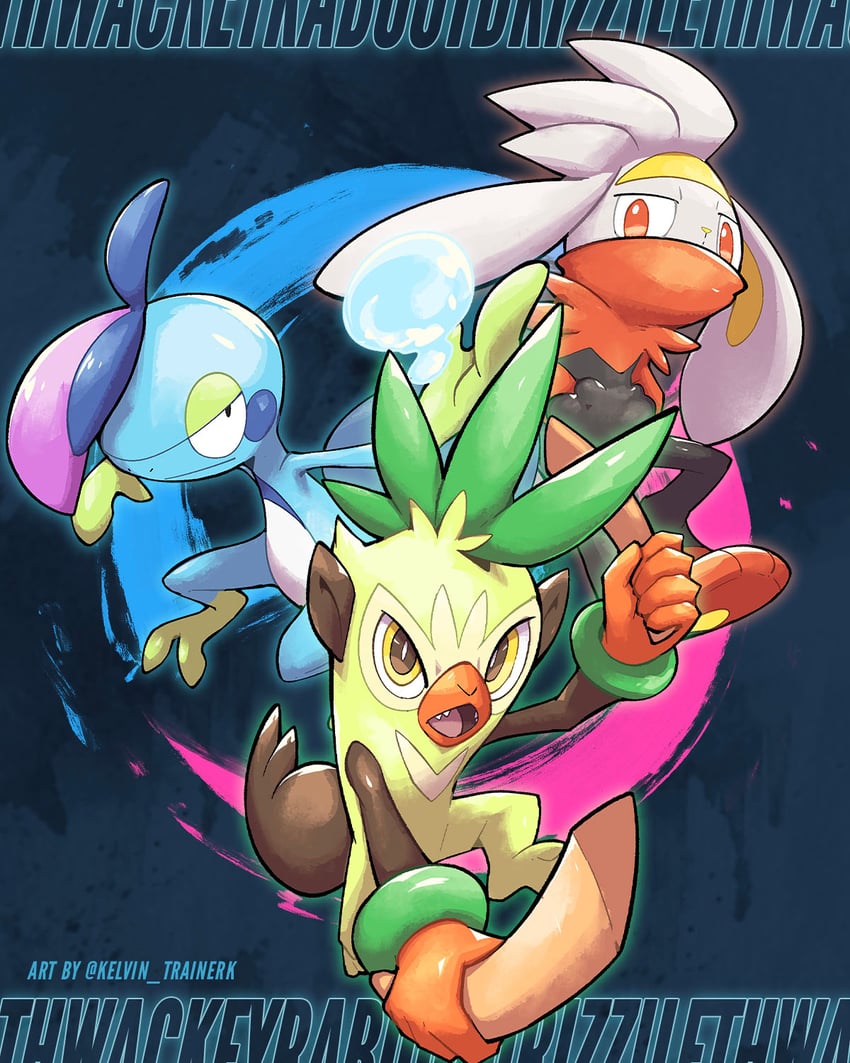 scorbunny, drizzile, and thwackey (pokemon) drawn by kelvin-trainerk