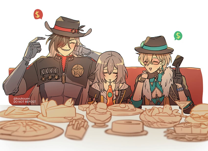 trailblazer, stelle, aventurine, and boothill (honkai and 1 more) drawn by kokoen