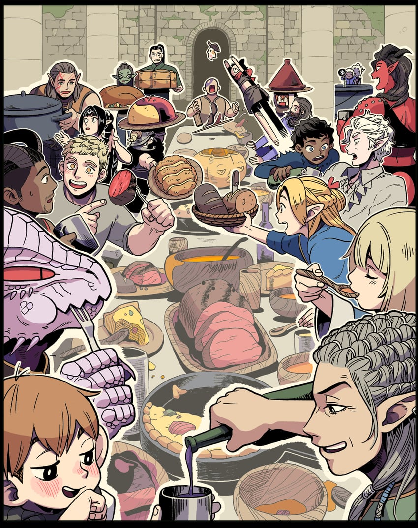 marcille donato, falin touden, laios touden, senshi, kabru, and 17 more (dungeon meshi and 3 more) drawn by nyachooh