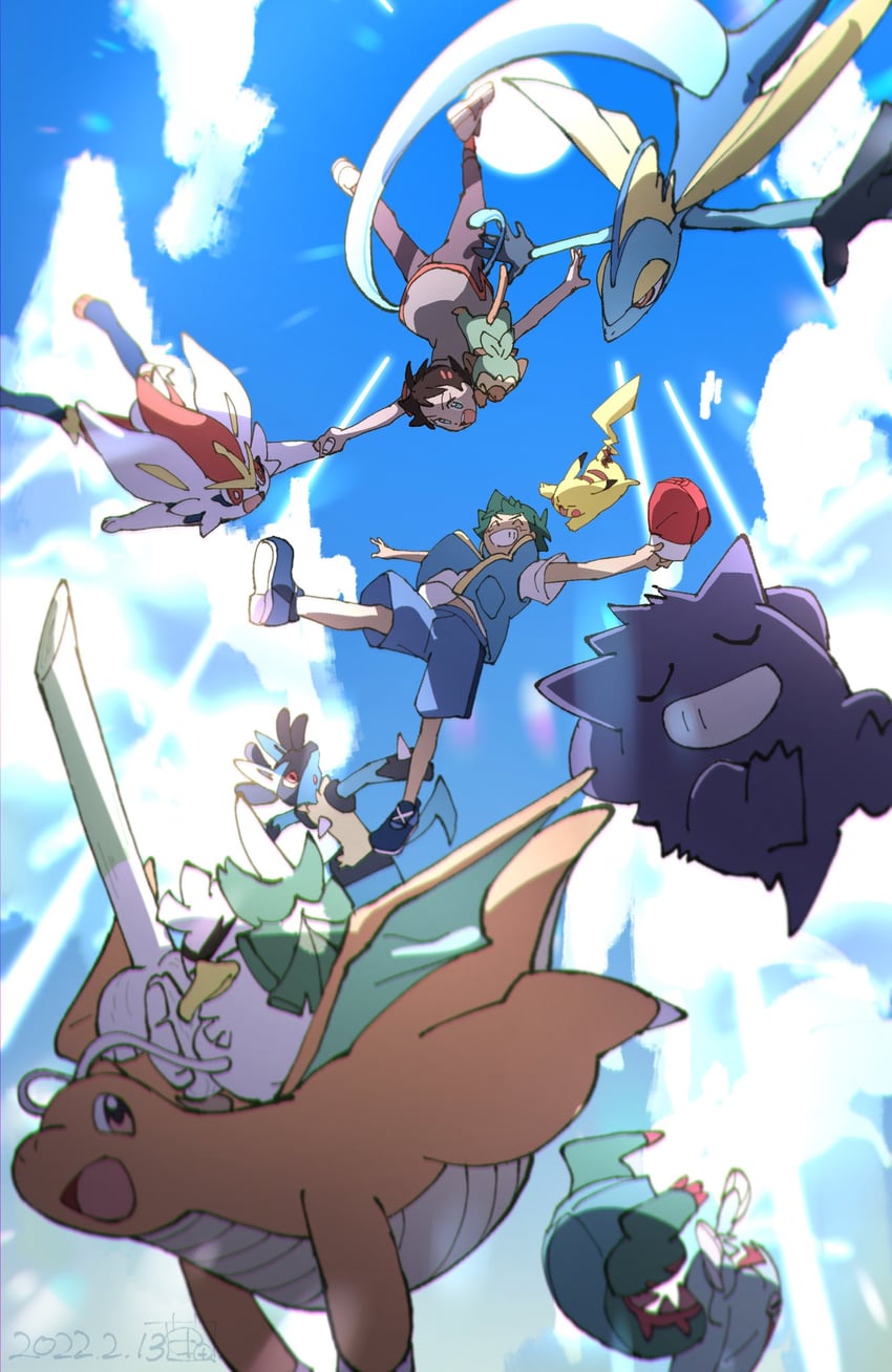 pikachu, ash ketchum, gengar, grookey, goh, and 5 more (pokemon and 1 more) drawn by ueda_hanako