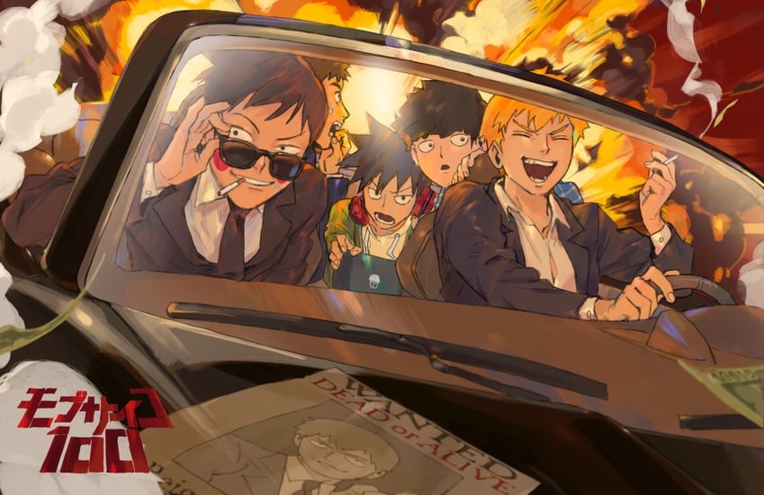 kageyama shigeo, reigen arataka, kageyama ritsu, and yoshioka mamoru (mob psycho 100) drawn by senkan_(708thousands)